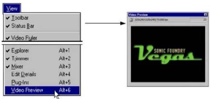 View ✓ Toolbar ✓ Status Bar ✓ Video Ruler ✓ Explorer Alt+1 ✓ Trimmer Alt+2 ✓ Mixer Alt+3 Edit Details Alt+4 Plug-Ins Alt+5 Video Preview Alt+6 Video Preview SONIC FOUNDRY Vegas