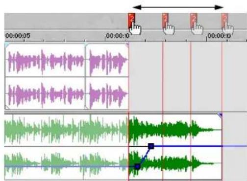 Audio recording timeline interface showing multiple audio waveforms with timecode and channel markers