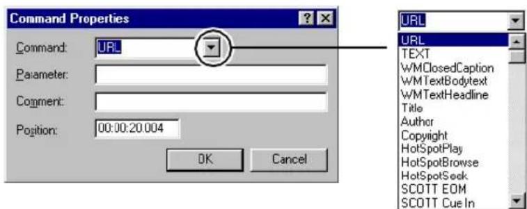 Command Properties Command: URL Parameter: Comment: Position: 00:00:20.004 OK Cancel URL URL TEXT WMClosedCaption WMTextBodytext WMTextHeadline Title Author Copyright HotSpotPlay HotSpotBrowse HotSpotSeek SCOTT EOM SCOTT Cue In