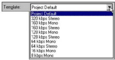 Template: Project Default Project Default 320 kbps Stereo 160 kbps Mono 160 kbps Stereo 128 kbps Mono 128 kbps Stereo 64 kbps Mono 64 kbps Stereo 16 kbps Mono 8 kbps Mono