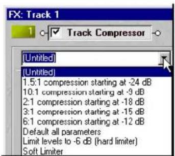 FX: Track 1 Track Compressor (Untitled) (Untitled) 1.5:1 compression starting at -24 dB 10:1 compression starting at -9 dB 2:1 compression starting at -18 dB 3:1 compression starting at -15 dB 6:1 compression starting at -12 dB Default all parameters Limit levels to -6 dB (hard limiter) Soft Limiter