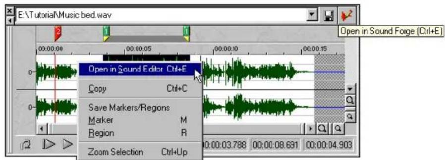 E:\Tutorial\Music bed.wav Open in Sound Forge [Ctrl+E] Open in Sound Editor Ctrl+E Copy Ctrl+C Save Markers/Regions Marker M Region R Zoom Selection Ctrl+Up 00:00:03.788 00:00:08.631 00:00:04.903