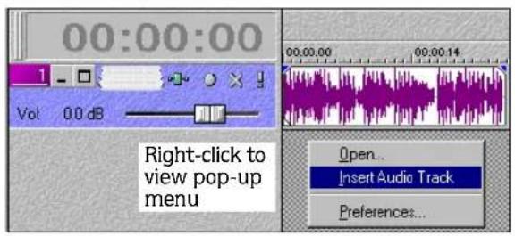 00:00:00 1 Vol 0.0 dB Right-click to view pop-up menu Open... Insert Audio Track Preferences...