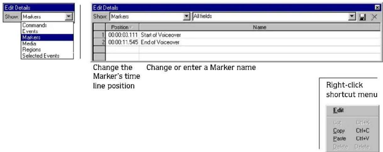 Edit Details Show: Markers Commands Events Markers Media Regions Selected Events Edit Details Show: Markers All fields Position Name 1 00:00:03.111 Start of Voiceover 2 00:00:11.545 End of Voiceover Change the Change or enter a Marker name Marker's time line position Right-click shortcut menu Edit Cut Ctrl+X Copy Ctrl+C Paste Ctrl+V Delete Delete
