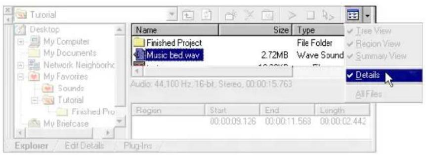 Tutorial Desktop My Computer My Documents Network Neighborhc My Favorites Sounds Tutorial Finished Pro My Briefcase Name Size Type Finished Project File Folder Music bed way 2.72MB Wave Sound Audio: 44.100 Hz, 16-bit, Stereo, 00:00:15.763 Region Start End Length 00:00:09.126 00:00:11.568 00:00:02.442 Explorer Edit Details Plug-Ins