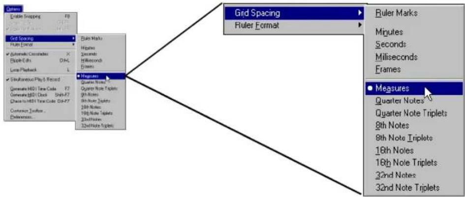 Grid Spacing Ruler Format ● Measures Quarter Notes Quarter Note Triplets 8th Notes 8th Note Triplets 18th Notes 18th Note Triplets 32nd Notes 32nd Note Triplets