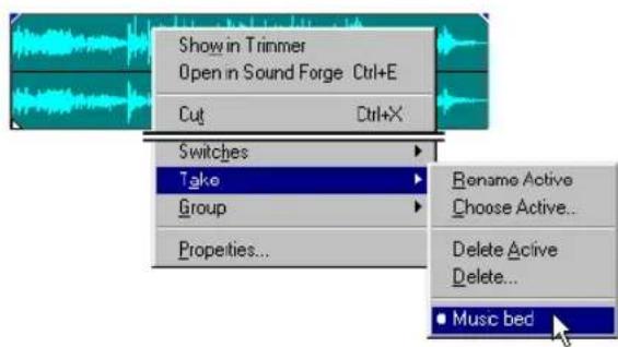 Show in Trimmer Open in Sound Forge Ctrl+E Cut Ctrl+X Switches Take Group Properties... Rename Active Choose Active... Delete Active Delete... Music bed