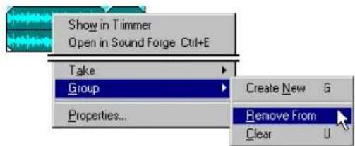 Show in Timmer Open in Sound Forge Ctrl+E Take Group Properties... Create New G Remove From Clear U