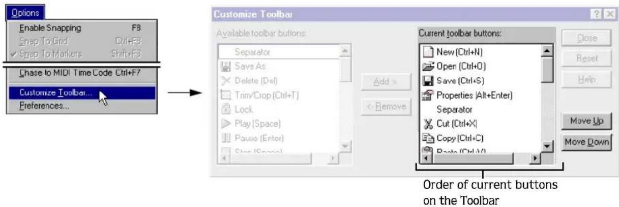 Options Enable Snapping F8 Snap To Grid Ctrl+F3 ✓ Snap To Markers Shift+F8 Chase to MIDI Time Code Ctrl+F7 Customize Toolbar... Preferences... Customize Toolbar Available toolbar buttons: Separator Save As Delete (Del) Trim/Crop (Ctrl+T) Lock Play (Space) Pause (Enter) Stop (Space) Add > Remove Current toolbar buttons: New (Ctrl+N) Open (Ctrl+O) Save (Ctrl+S) Properties (Alt+Enter) Separator Cut (Ctrl+X) Copy (Ctrl+C) Paste (Ctrl+Y) Order of current buttons on the Toolbar