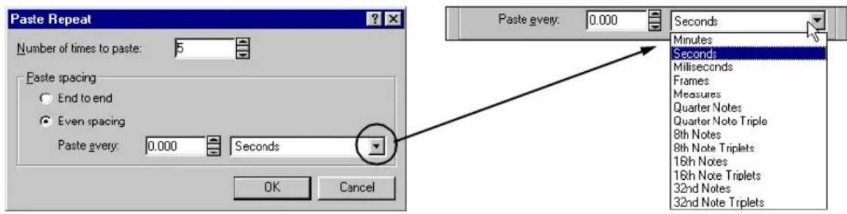 Paste Repeat Number of times to paste: 5 Paste spacing End to end Even spacing Paste every: 0.000 Seconds OK Cancel Paste every: 0.000 Seconds Minutes Seconds Milliseconds Frames Measures Quarter Notes Quarter Note Triple 8th Notes 8th Note Triplets 16th Notes 18th Note Triplets 32nd Notes 32nd Note Triplets
