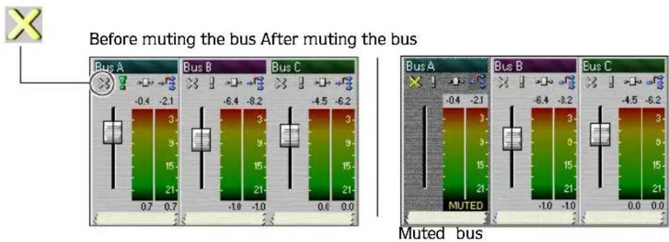 Before muting the bus After muting the bus Bus A Bus B Bus C Bus A Bus B Bus C -0.4 -2.1 -6.4 -8.2 -4.5 -6.2 -0.4 -2.1 -6.4 -3.2 -4.5 -6.2 -0.4 -2.1 -6.4 -3.2 -4.5 -6.2 MUTED Muted bus