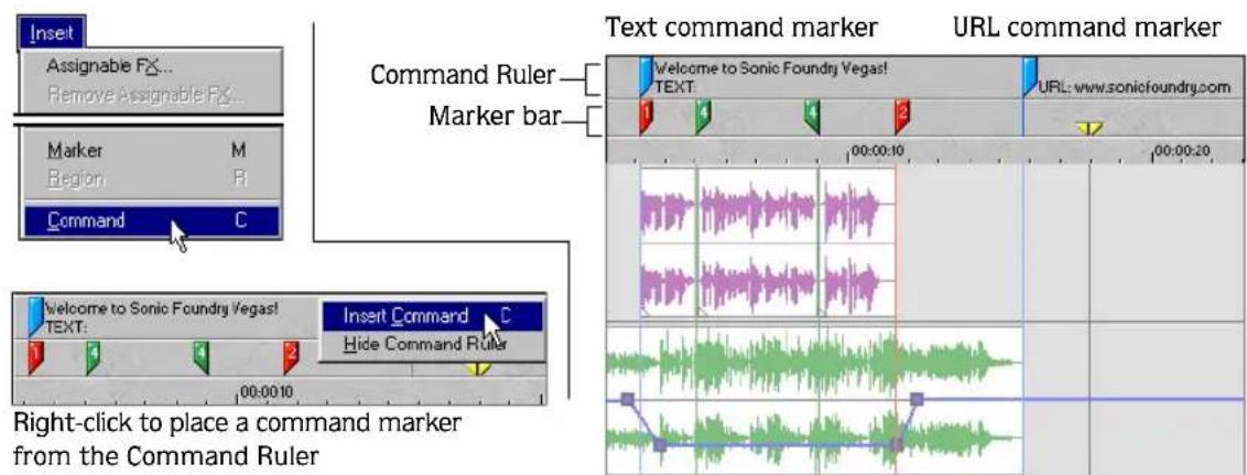 Insert Assignable FX... Remove Assignable FX... Marker M Region R Command C Right-click to place a command marker from the Command Ruler Command Ruler Marker bar Welcome to Sonic Foundry Vegas! Text: 1 Insert Command C 00:00:10 00:00:20 URL command marker Text command marker URL: www.sonicfoundry.com
