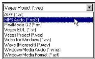 Vegas Project (*.veg) AIFF (*.af) MP3 Audio (*.mp3) RealMedia G2 (*.rm) Vegas EDL (*.txt) Vegas Project (*.veg) Video for Windows (*.avi) Wave (Microsoft) (*.wav) Windows Media Audio (*.wma) Windows Media Format (*.asf)