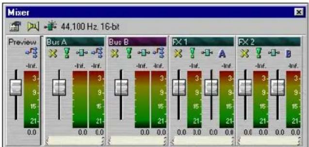 Mixer 44,100 Hz, 16-bit Preview -Inf. 3 9 15 21 0.0 Bus A -Inf. 3 9 15 21 0.0 Bus B -Inf. 3 9 15 21 0.0 FX 1 -Inf. 3 9 15 21 0.0 FX 2 -Inf. 3 9 15 21 0.0 0.0 0.0