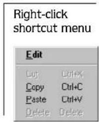 Right-click shortcut menu Edit Cut Ctrl+X Copy Ctrl+C Paste Ctrl+V Delete Delete