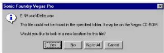 Sonic Foundry Vegas Pro E:\Music\Delta way This file could not be found in the specified folder. It may be on the Vegas CD-ROM Would you like to look in a new location for this file? Yes No No to All Cancel