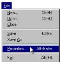 File New... Ctrl+N Open... Ctrl+O Close Save Ctrl+S Save As... Properties... Alt+Enter Exit Alt+F4