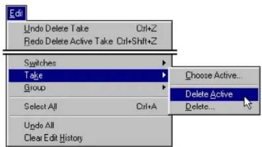 Edit Undo Delete Take Ctrl+Z Redo Delete Active Take Ctrl+Shift+Z Switches Take Group Select All Ctrl+A Choose Active... Delete Active Delete... Undo All Clear Edit History