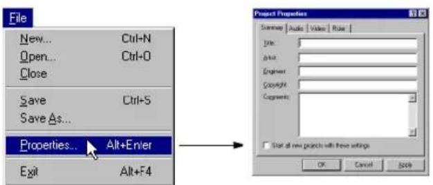 File New... Ctrl+N Open... Ctrl+O Close Save Ctrl+S Save As... Properties... Alt+Enter Exit Alt+F4 Project Properties Summary Audio Video Rise View: View: Engineer: Copyright: Copyrights: Start at new projects with these settings OK Cancel Help