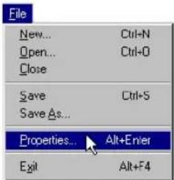 File New... Ctrl+N Open... Ctrl+O Close Save Ctrl+S Save As... Properties... Alt+Enter Exit Alt+F4