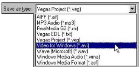 Save as type: Vegas Project (*.veg) AIFF (*.aif) MP3 Audio (*.mp3) RealMedia G2 (*.rm) Vegas EDL (*.txt) Vegas Project (*.veg) Video for Windows (*.avi) Wave (Microsoft) (*.wav) Windows Media Audio (*.wma) Windows Media Format (*.asf)