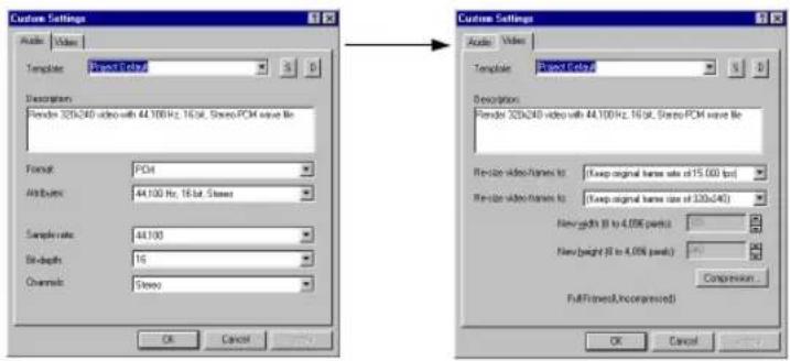 Custom Settings Audio: Video Template: Project Color Description: Render 320x240 video with 44.100 Hz, 16 bit, Smooth PCM save file Format: PCM Attributes: 44.100 Hz, 16 bit, Smooth Sample rate: 44.100 Bit depth: 16 Channels: Smooth OK Cancel Custom Settings Audio: Video Template: Project Color Description: Render 320x240 video with 44.100 Hz, 16 bit, Smooth PCM save file Rev-size video frames to: (Keep original frame size at 15.000 fps) Rev-size video frames to: (Keep original frame size at 320x240) New height (R to 4.09% peak) New height (R to 4.09% peak) Compression FullFitness/Unconfirmed OK Cancel