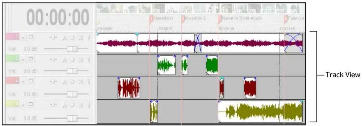 00:00:00 1 - □ Vol 0.0 dB 2 - □ Vol 0.0 dB 3 - □ Vol 0.0 dB 4 - □ Vol 0.0 dB 01 150 101 152 203 254 305 356 407 458 509 560 611 662 713 1 Narration 1 00:00:15 Narration 2 00:00:30 Narration 3 with music Fadir out Track View