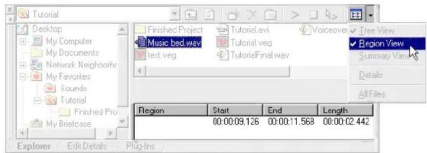 Tutorial Desktop My Computer My Documents Network Neighborhood My Favorites Sounds Tutorial Finished Pro My Briefcase Finished Project Music bed.wav test.veg Tutorial.avi Tutorial.veg TutorialFinal way Voiceover Tree View Region View Summary Views Details All Files Region Start End Length 00:00:09.126 00:00:11.568 00:00:02.442 Explorer Edit Details Plug-Ins