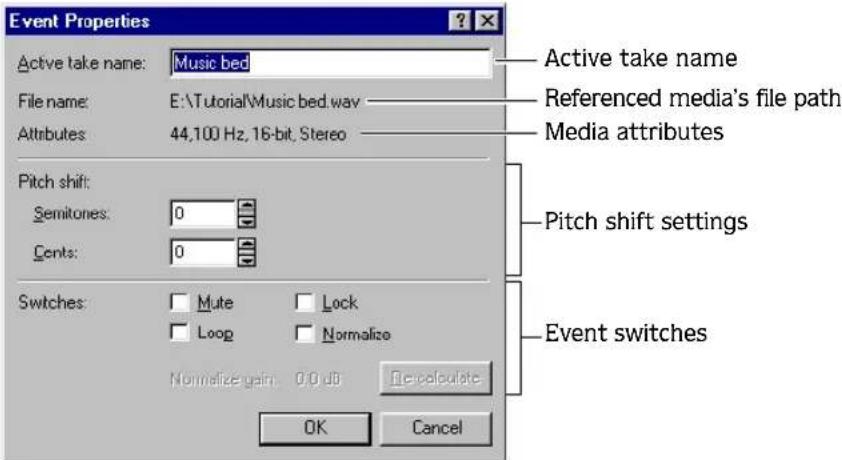 Event Properties Active take name: Music bed File name: E:\Tutorial\Music bed.wav Attributes: 44,100 Hz, 16-bit, Stereo Pitch shift: Semitones: 0 Cents: 0 Switches: Mute Lock Loop Normalize Normalize gain: 0.0 dB Calculate OK Cancel Active take name Referenced media's file path Media attributes Pitch shift settings Event switches