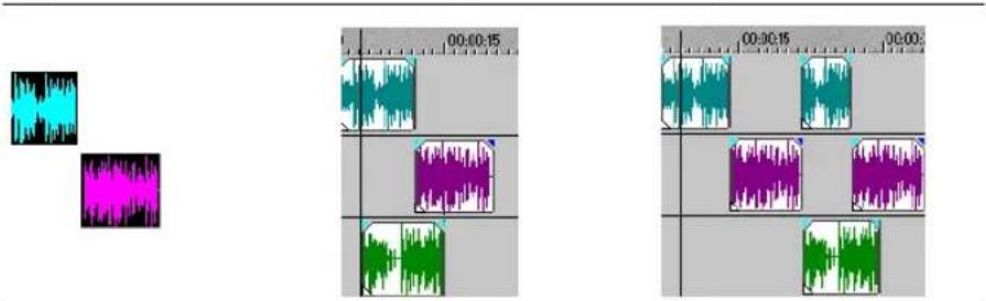 Audio recording timeline with multiple tracks and audio waveform visualizations, showing time intervals from 00:00:15 to 00:00:00.