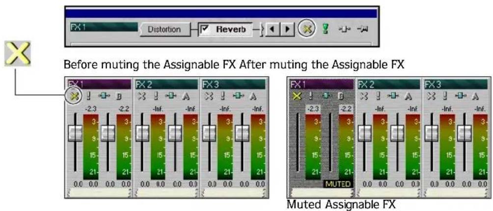 FX1 Distortion Reverb Before muting the Assignable FX After muting the Assignable FX FX1 -2.3 B -2.2 FX2 -Inf. -Inf. FX3 -Inf. -Inf. FX1 -2.3 B -2.2 FX2 -Inf. -Inf. FX3 -Inf. -Inf. MUTED Muted Assignable FX
