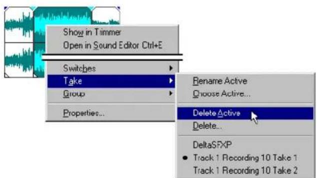 Show in Timmer Open in Sound Editor Ctrl+E Switches Take Group Properties... Rename Active Choose Active... Delete Active Delete... DeltaSPXP Track 1 Recording 10 Take 1 Track 1 Recording 10 Take 2