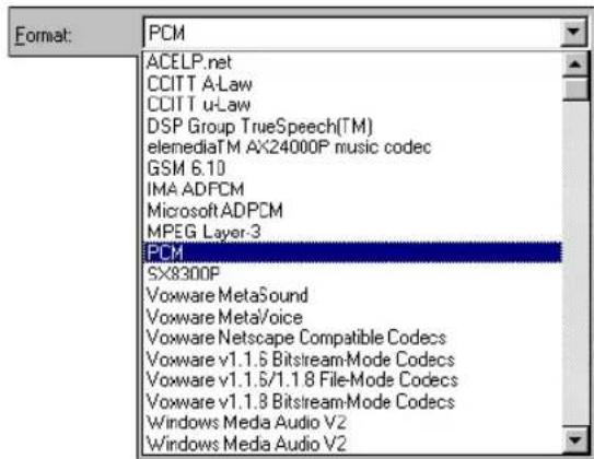 Format: PCM ACELP.net CCITT A-Law CCITT u-Law DSP Group TrueSpeech(TM) elemediaTM AX24000P music codec GSM 6.10 IMA ADPCM Microsoft ADPCM MPEG Layer-3 PCM SX8300P Voxware MetaSound Voxware MetaVoice Voxware Netscape Compatible Codecs Voxware v1.1.5 BitstreamMode Codecs Voxware v1.1.5/1.1.8 File-Mode Codecs Voxware v1.1.8 BitstreamMode Codecs Windows Media Audio V2 Windows Media Audio V2