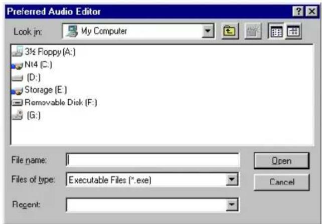 Preferred Audio Editor Look in: My Computer 3½ Floppy (A:) Nt4 (C:) (D:) Storage (E:) Removable Disk (F:) (G:) File name: Files of type: Executable Files (*.exe) Regent: