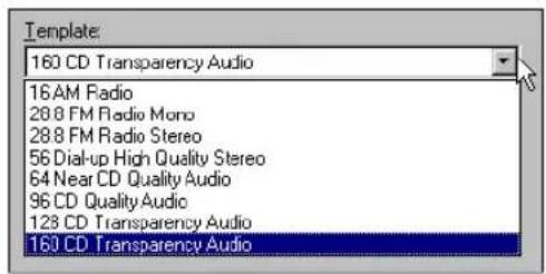 Template 160 CD Transparency Audio 16 AM Radio 28.8 FM Radio Mono 28.8 FM Radio Stereo 56 Dial-up High Quality Stereo 64 Near CD Quality Audio 96 CD Quality Audio 128 CD Transparency Audio 160 CD Transparency Audio