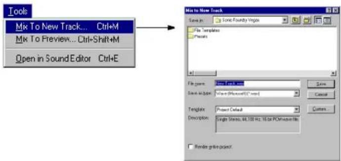 Tools Mix To New Track... Ctrl+M Mix To Preview... Ctrl+Shift+M Open in Sound Editor Ctrl+E Mix to New Track Save in: Sonic Foundry Vegas File Templates Presets File type: Single Stereo Save type: White (Microsoft123) Template: Project Default Description: Single Stereo, 44.100 Hz, 16-bit PCM drive file Browse grille point