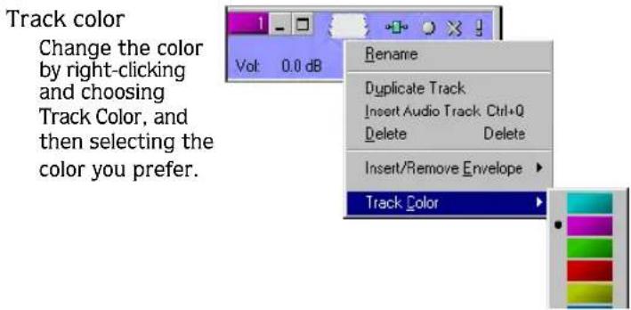 Track color Change the color by right-clicking and choosing Track Color, and then selecting the color you prefer. Vol: 0.0 dB Rename Duplicate Track Insert Audio Track Ctrl+Q Delete Delete Insert/Remove Envelope ▶ Track Color