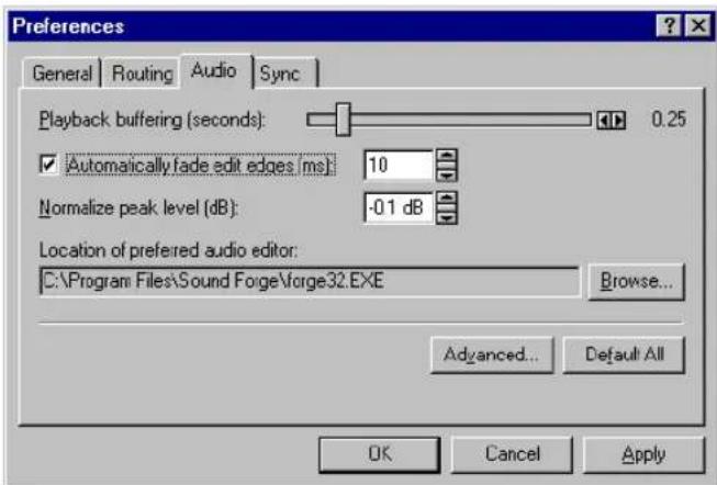 Preferences General | Routing | Audio | Sync | Playback buffering (seconds): 0.25 ✓ Automatically fade edit edges ms: 10 Normalize peak level (dB): -0.1 dB Location of preferred audio editor: C:\Program Files\Sound Forge\forge32.EXE Browse... Advanced... Default All OK Cancel Apply
