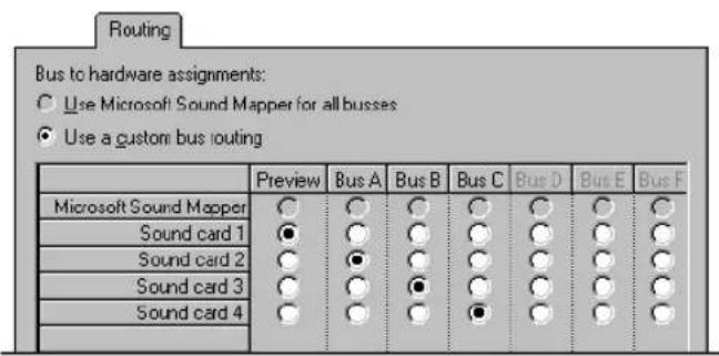 Routing Bus to hardware assignments: ○ Use Microsoft Sound Mapper for all busses ● Use a custom bus iouting Preview Bus A Bus B Bus C Bus D Bus E Bus F Microsoft Sound Mapper ○ ○ ○ ○ ○ ○ ○ ○ Sound card 1 ● ○ ○ ○ ○ ○ ○ ○ Sound card 2 ○ ● ○ ○ ○ ○ ○ ○ Sound card 3 ○ ○ ● ○ ○ ○ ○ Sound card 4 ○ ○ ○ ● ○ ○ ○ ○