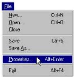 File New... Ctrl+N Open... Ctrl+O Close Save Ctrl+S Save As... Properties... Alt+Enter Exit Alt+F4