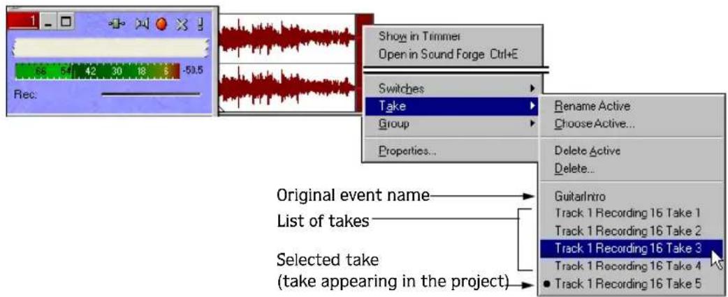 Show in Timmer Open in Sound Forge Ctrl+E Switches Take Group Properties... Rename Active Choose Active... Delete Active Delete... GuitarIntro Track 1 Recording 16 Take 1 Track 1 Recording 16 Take 2 Track 1 Recording 16 Take 3 Track 1 Recording 16 Take 4 Track 1 Recording 16 Take 5 Original event name List of takes Selected take (take appearing in the project)