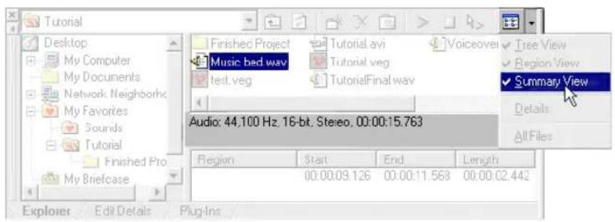Tutorial Desktop My Computer My Documents Network Neighborhc My Favorites Sounds Tutorial Finished Pro My Briefcase Finished Project Music bed wav test.veg Tutorial.avi Tutorial.veg TutorialFinal way Audio: 44.100 Hz, 16-bit, Stereo, 00:00:15.763 Region Start End Length 00:00:09.126 00:00:11.568 00:00:02.442 Explorer Edit Details Plug-Ins