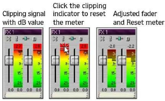 Clipping signal with dB value Click the clipping indicator to reset the meter Adjusted fader and Reset meter