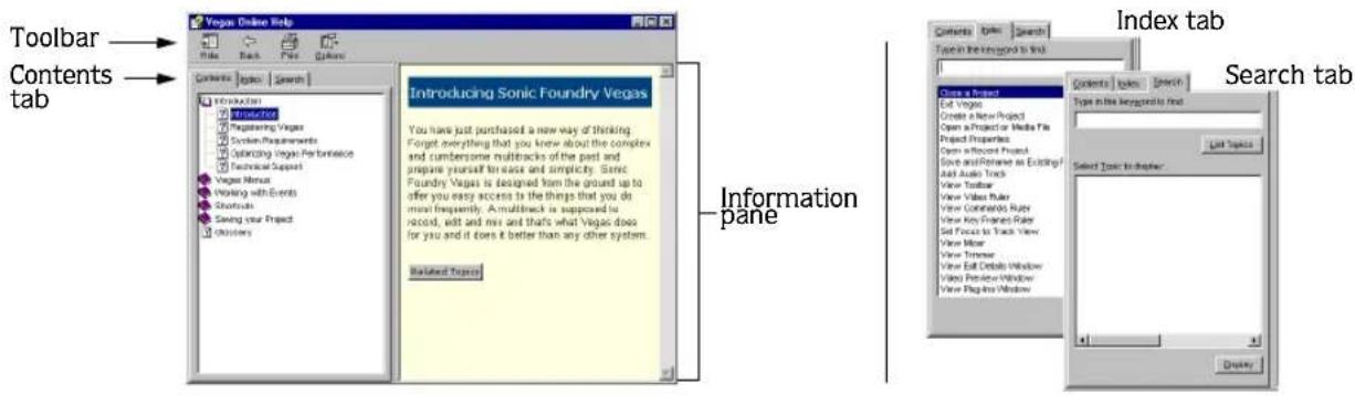 Toolbar Contents tab Vegas Online Help File Back Print Options Contents Index Search Information Volume Introduction Processing Vegas System Requirements Sizzling Vegas Performance Technical Support Vegas Menu Working with Events Shortcuts Saving your Project Options Introducing Sonic Foundry Vegas You have just purchased a new way of thinking. Forget everything that you know about the complex and cumbersome multiracks of the past and prepare yourself for ease and simplicity. Sonic Foundry Vegas is designed from the ground up to offer you easy access to the things that you do more frequently. A multirack is supposed to record, edit and mix and that's what Vegas does for you and it does it better than any other system. Related Topics Index tab Search tab Contents Index Search Type in the Interface to find Close a Report Edit Vegas Create a New Project Open a Project or Media File Project Properties Open a Project Save and Remove as Existing/ Add Audio Tools View Toolbar View Video Timer View Commanders Rules View Key Frames Timer Set Focus to Track View View Mirror View Timer View Edit Details Window View Preview Window View Playbox Window Index tab Select Topic to deliver: Last Topic Query