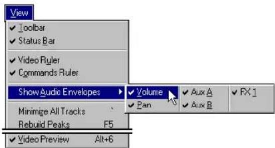 View ✓ Toolbar ✓ Status Bar ✓ Video Ruler ✓ Commands Ruler Show Audio Envelopes ▶ Volume Minimize All Tracks Rebuild Peaks F5 ✓ Video Preview Alt+6 ✓ Aux A ✓ Aux B ✓ FX 1