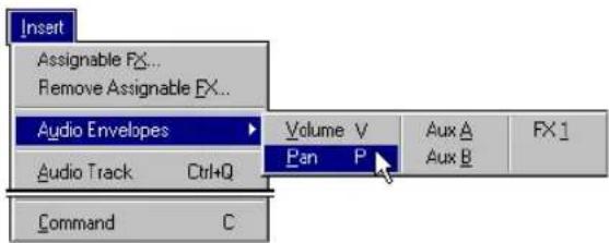 Insert Assignable FX... Remove Assignable FX... Audio Envelopes Volume V Pan P Aux A Aux B FX 1 Audio Track Ctrl+Q Command C