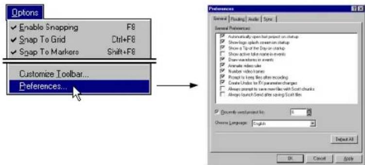 Options Enable Snapping F8 Snap To Grid Ctrl+F8 Swap To Markers Shift+F8 Customize Toolbar... Preferences... Preferences General Floating Audio Sync General Preferences Automatically open bit project on startup Show log up each stream on startup Show a Tag of the Day on startup Show active take time in events Draw switches in events Animate index rules Number video frames Prompt to keep bits after recording Create Under for PS parameter charges Always prompt to save new files with Scott chunks Always launch Send after saving Scott files Currently use project list: 0 Choose Language: English OK Cancel Apply