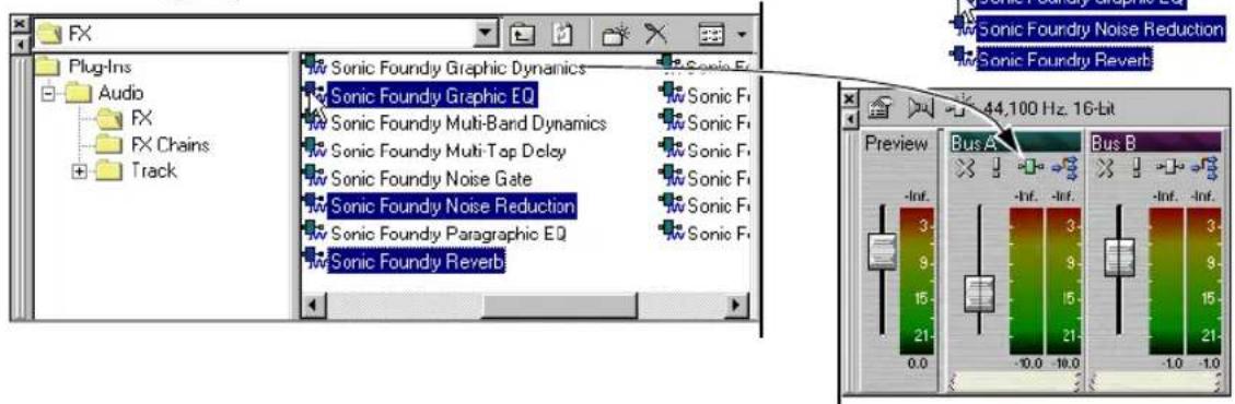 FX Plug-Ins Audio FX FX Chains Track Sonic Foundry Graphic Dynamics Sonic Foundry Graphic EQ Sonic Foundry Multi-Band Dynamics Sonic Foundry Multi-Top Delay Sonic Foundry Noise Gate Sonic Foundry Noise Reduction Sonic Foundry Paragraphic EQ Sonic Foundry Reverb Sonic Foundry Reverb Sonic Foundry Graphic EQ Sonic Foundry Multi-Band Dynamics Sonic Foundry Multi-Top Delay Sonic Foundry Noise Gate Sonic Foundry Noise Reduction Sonic Foundry Paragraphic EQ Sonic Foundry Reverb 44,100 Hz, 16-bit Preview Bus A Bus B -Inf. -Inf. -Inf. -Inf. 3 3 9 9 15 15 21 21 0.0 -10.0 -10.0 -1.0 -1.0
