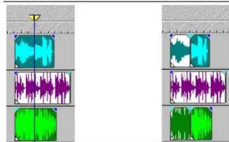 Audio waveform editing interface showing multiple channels with varying amplitude and waveform patterns