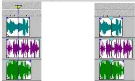 Audio waveform diagram showing multiple channels with varying amplitude and frequency patterns across two panels